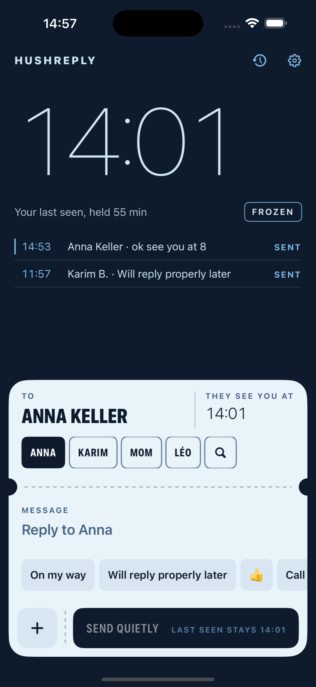 HushReply on iPhone: a large frozen clock reading 14:01, a list of quiet replies marked SENT, and a ticket-shaped composer addressed to Anna Keller with a Send quietly button.